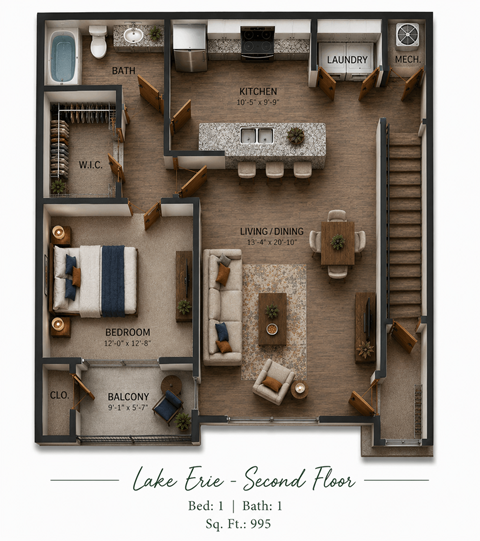 Floor plan for 1 bed, 1 bath, 995 sqft